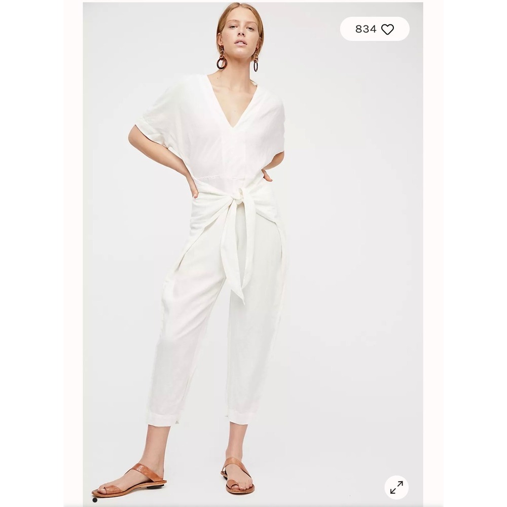 Free People White Linen Jumpsuit Shining Sun L Beachy Casual Resort Minimalist